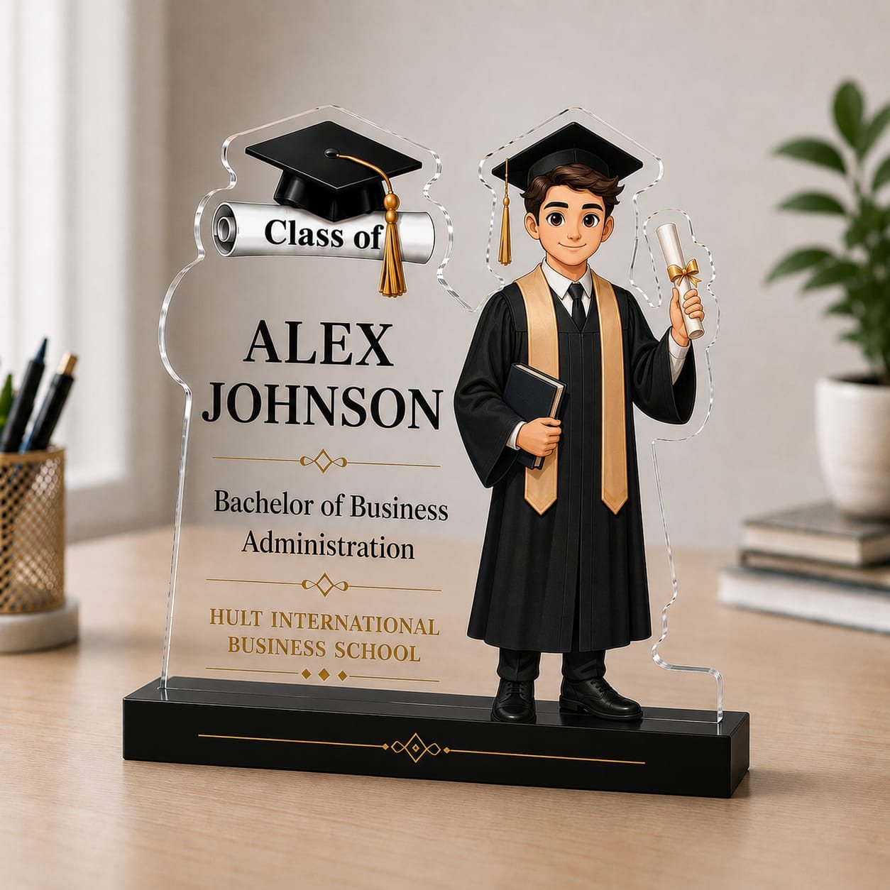 Custom Contour Male Graduation Acrylic Plaque with black base